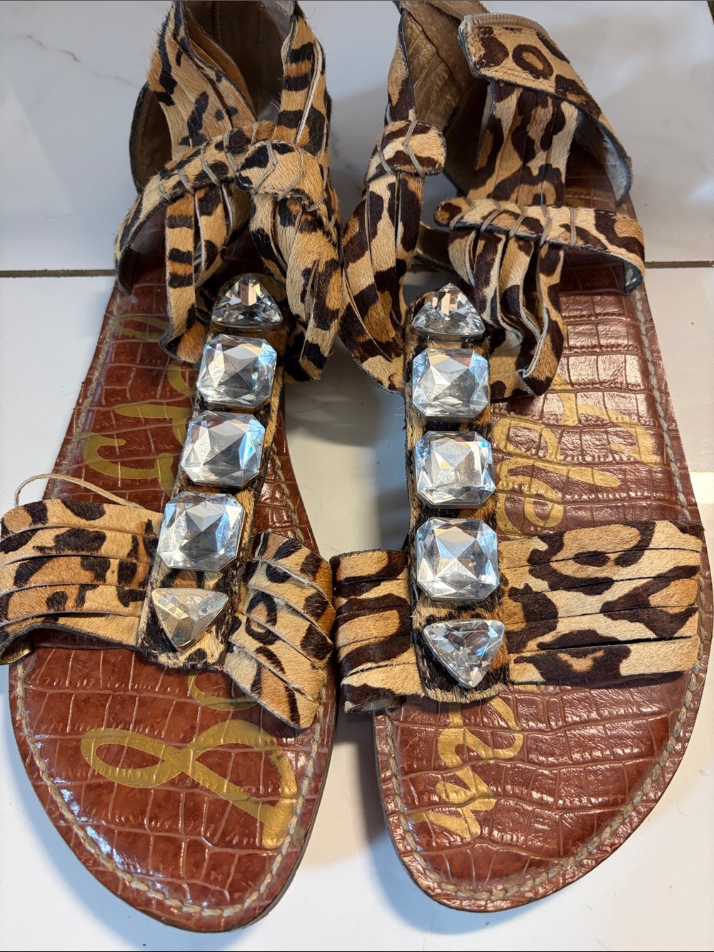 Leopard Print Gem-Embellished Women’s Sandals - Brown